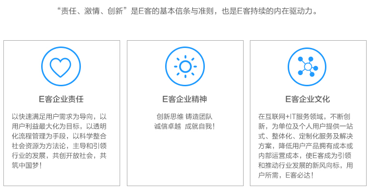 创新互联网+IT服务新领域，以解决用户需求为第一准则，量身定制化服务为切入点，为企业用户、个人用户提供一站式新IT服务解决方案，推动新IT运维服务成为中国新经济发展主角，让E客成为行业发展的新风向标。
